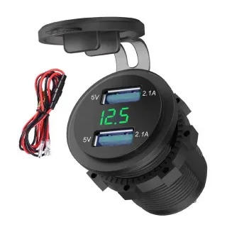 4.2A Waterproof Car 2 Port Dual USB Charger Socket Power Outlet with LED Voltmeter for 12-24V Car Boat Marine ATV Motorc