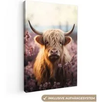 OneMillionCanvasses® Leinwandbild Schottischer Highlander - Tierporträt - Blumen - Tier, Fotodruck (1 St), Leinwand Canvas Wandbild, Wanddekoration 20x30 cm