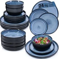 SÄNGER Tafelservice Aruba Geschirrset (24-tlg), 6 Personen, Steingut, blau mit schwarzem Rand, Handmade, Erweiterbar, VALUE COLLECTION