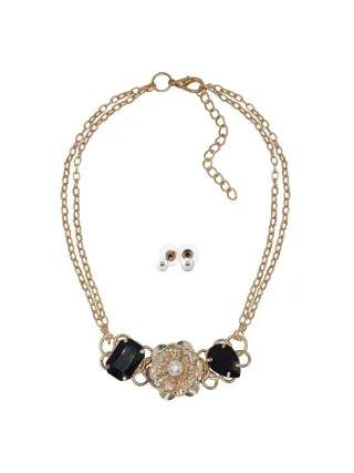 Steuer Modeschmuck Kette Ohrstecker Metall glänzend vergoldet gelb Glasstein Schwarz Perle