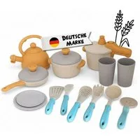 alldoro Spiel-Kochgeschirr Kinderküchen-Zubehör, Koch- und Geschirrset, 14-teilig für Kinder ab 3, Küchenspielzeug-Set mit Töpfen, Pfanne, Geschirr und Küchenhelfern