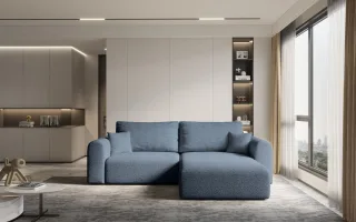 Ecksofa Sofa FLAVIO mit Schlaffunktion Stoff Abriamo Petrol Ottomane Rechts
