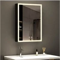 WDWRITTI Spiegelschrank Schwarz mit beleuchtung Hängeschrank 3Lichtfarben Dimmbar Anti-fog (Badezimmerspiegelschrank mit LED, Speicherfunktion, 1 türen 50x70cm, 40x60cm, Doppelseitiger Spiegel, Alu-Schranktür) Full Surround Light Strip, mit Netzadapt
