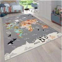 KADIMA DESIGN Kinderteppich waschmaschinenwaschbar Tier‑Weltkarten‑Muster Kinderteppich, Rechteckig, Höhe: 4 mm, 100% Polyester, Rücken aus Felt + Dots, Rechteckig, 120x160cm, Grau
