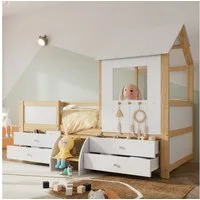 Flieks Etagenbett, Hochbett Hausbett 90x200cm mit 4 Schubladen und kleine Treppe