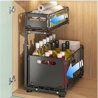 BlingBin Küchenorganizer-Set 2 Etagen Küchenregal, Ausziehbarer Spülschrank Organizer, Gewürzregal, (1er Set, 1-tlg., Produktabmessungen: ‎26,5 x 38 x 41-48,5 cm), Höhenverstellbar Teleskopschublade, Stahl-Aufbewahrungsregal für Küche