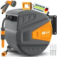 tillvex Schlauchtrommel Wasser mit Wandhalterung + Tragegriff, (Schlauchaufroller mit Handbrause und Gartenschlauch), 180° Schwenkbar Wand-Schlauchbox mit Aufroll-Automatik
