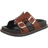 Ital-Design Damen Sandale mit Schnallen und Profilsohle Pantolette (91970959) Flach Pantoletten in Braun