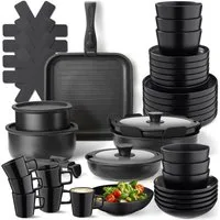 tectake Kochbesteck-Set Küchenstarterset aus Steingut mit Glasur, hitzebeständig und (Geschirrset Una/Parma, 47-tlg., Kochtopf, Bratpfanne), Hitzebeständige, abnehmbare Griffe, Deckel mit Dampfablassloch