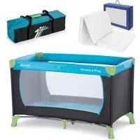 Hauck Baby-Reisebett Dream'n Play - Set - Waterblue, 4-tlg., Kinderreisebett mit Reisebett Matratze (6 cm Höhe) & Tasche - faltbar