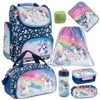 Familando Schulranzen Unicorn / Einhorn Schultaschen Set Mädchen 1. Klasse (Set, 8-tlg., inkl. Federmappe, Lunch-Set und Sporttasche), ergonomisch, 15L Volumen, dunkelblau, Einhorn Regenbogen Motiv