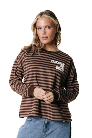 Colourful Rebel - Striped Wavy Logo Longsleeve Brown - Gr. - S