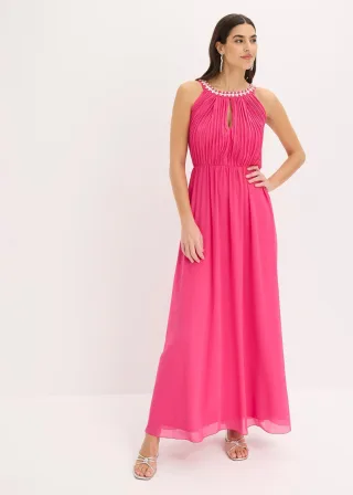 bonprix Maxikleid aus feinem Chiffon mit Drapierung, pink, Gr.44, Modern und feminin: Chiffonkleid in Maxi-Länge mit Perl-Applikation am Ausschnitt