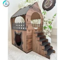 Jungengel Tierhaus Zweistöckiges Katzenhaus Katzenhöhle Katzenmöbel Indoor Holz, Holzoptik, Balkon, Werkzeugloser Aufbau, Katzenöffnung, 2 Etagen
