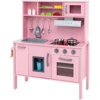 KOMFOTTEU Spielküche Kinderspielküche Holzküche, mit Mikrowelle & Dunstabzugshaube & Herd & Spüle & Backofen