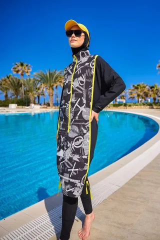 Schwarzes Burkini-Set mit vollständiger Abdeckung und bescheidener Badebekleidung