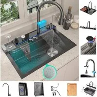 Faizee Home Küchenspüle Nano Innovative Wasserfall Geschirrspülbecken 75 x 45 cm mit Armatur