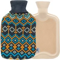 Axion Wärmflasche mit Bezug, 33 x 20 cm, ca. 2 Ltr., Wärmflaschen, blau-gelb mit Diamantmuster, 100% Naturkautschuk