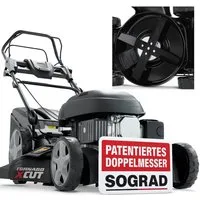 Onbest Benzinrasenmäher TXC-3646 5in1 mit Radantrieb Tornado X-Cut 4,9PS Doppelmesser, 46 cm Schnittbreite, SOGRAD-Lüfterrad, 60L Fangkorb, Mulchkit
