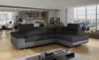 Ecksofa Schlafsofa SARRA Stoff Soft- Inari Grau-Dunkelgrau Ottomane Rechts