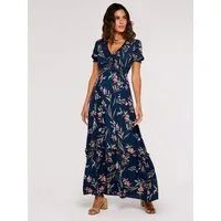 Apricot Druckkleid Florales Maxikleid mit gesmokter Taille