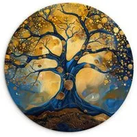 MuchoWow Gemälde Baum - Baum des Lebens - Blau - Gold, Fotodruck (1 St), Kreis Wanddekoration, Rundes Wandbild, 30x30 cm
