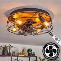 hofstein Deckenventilator Ventilator aus Metall/MDF in Schwarz/Holzoptik in Gitter-Optik, Deckenleuchte im Retro/Vintage-Design, Lichteffekt u. Fernbedienung