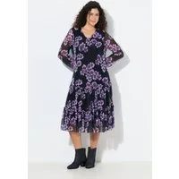 Ulla Popken Jerseykleid Midikleid doppellagig Blumen V-Ausschnitt Langarm