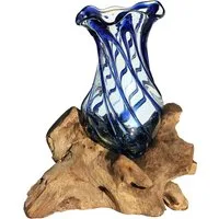 Wogeka Dekovase Dekovase Glas-Vase "Venezia" auf Wurzel-Holz Teakholz Gamal