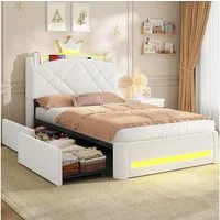 MSMASK Kinderbett im Kronen-Design mit LED-Beleuchtung, Ladestation und 2 Schubladen (Ohne Matratze), Polsterbett Jugendbett Prinzessinnenbett 90 x 200cm