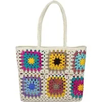 FURNARO Tragetasche, gehäkelte Tasche weiß mit Blumen aus Baumwolle 40x33x18cm
