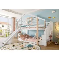 LVHOM Kinderbett Spiel-Spitze Etage mit Rutsche und Treppe, Rundum-Geländer, Holzrahmen (Massivholz Komplettset, Liegefläche: 2 mal 90x200cm, 2-stöckiges Hausbett(Dach-Design), Hochbett/Etagenbett mit integrierter Rutsche, stabiler Treppe mit Staufäc
