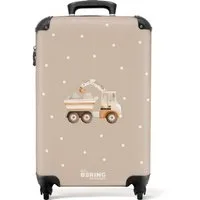 NoBoringSuitcases.com© Kinderkoffer Gelber Muldenkipper mit Steinen und Tupfenmuster 55x35x20cm, 4 Rollen, Handgepäck Koffer, Hartschalenkoffer Kinder, Reisekoffer Jungen
