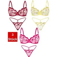 Elegant Love Set: Bügel-BH Elegantes Dessous-Set aus Spitze – Unterwäsche-Set mit Blumenstickerei (Packung, 2-tlg., 3-er Pack) Lingerie-Set – BH & String aus besticktem Tüll/Mesh, Reizwäsche
