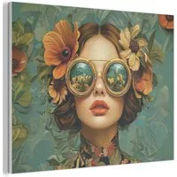 MuchoWow Gemälde Frau - Blumen - Schmetterlinge - Natur - Vintage, Fotodruck (1 St), Akustikpaneele PET-Filz, Akustikbild, Schalldämmung, Deko 40x30 cm