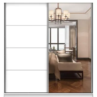 imoebel24 Schwebetürenschrank, Weiß, Glas, Holzwerkstoff, 6 Fächer, Rechteckig, 203x218x61 cm, Schlafzimmer, Kleiderschränke, Schwebetürenschränke