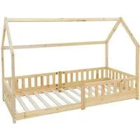 ML-DESIGN Spielbett Hausbett Kinderbett inkl. Lattenrost kreativ Bodenbett für Kinder, Abenteuerbett zum Spielen mit Rausfallschutz Kiefer Natur Himmelbett