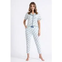 COOLISMO NIGHTWEAR Pyjama Damen Pyjama 7/8 Baumwolle geknöpft (2 tlg) hellblauer Schlafanzug mit Punkte-Druck, Satinpaspel & Satinschleife