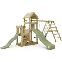Wickey Klettergerüst SkyFlyer Spielturm mit 2 Podesten, 2 Rutschen & Doppelschaukel, (Wetterfester Massivholz Kletterturm für Outdoor-Abenteuer, Kletteranbau fördert Gleichgewicht, Bewegung & Motorik), Abenteuer für kleine & große Kinder mit 10 Jahre