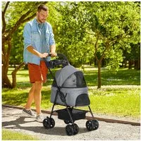 PawHut Hundebuggy Hundewagen klappbar bis 4 kg Katzenbuggy mit Netzfenster, (Haustierwagen, 1-tlg), für kleine Hunde und Katzen, Oxford Grau 67 x 45 x 96 cm