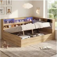 OKWISH Holzbett mit USB-Ladestation & LED-Beleuchtung (Packung, 1-tlg., Daybett 140x200cm in Naturfarbe mit hydraulischem Stauraum), Kinder- & Jugendbett mit Stauraum(ohne Matratze)