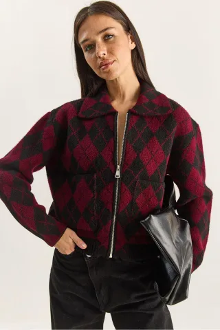 Dicker Jacquard-Strickcardigan mit Reißverschluss