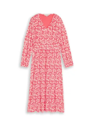 Tom Tailor - Crinkle Midi-Kleid mit Muster coral pink ginkgo minimal - Gr. - 40