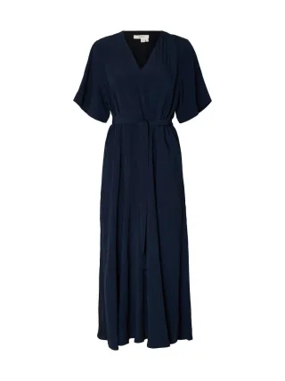 Selected - Midikleid in Wickel-Optik mit V-Ausschnitt und Bindegürtel blau - Gr. - 40