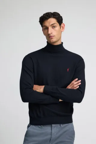 Rollkragenpullover marineblau aus Wollgemisch mit gesticktem Rigby Go-Logo