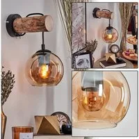 hofstein Wandleuchte Wandlampe aus Metall/Holz/Glas in Schwarz/Natur/Bernstein, ohne Leuchtmittel, Leuchte mit Glasschirmen (15cm) u. Schalter, 1xE27, ohne Leuchtmittel