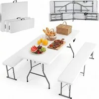 TLGREEN Bierzeltgarnitur Klappbar 3-teilig, 1 Biertisch + 2 Bierbank, (Wetterfest Gartenmöbel Set mit Tragegriff, HDPE+Stahlrohr Campingtisch Outdoor), für Grillveranstaltung/Camping/Gartenparty (Bis zu 10 Personen)