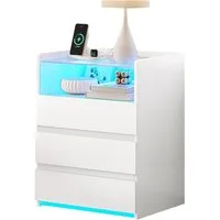 MSMASK Nachttisch mit LED-Beleuchtung und Steckdosen, 3 Schubladen, 45x35x61cm (1-St), Nachtschrank mit Sichtbarer Glastischplatte