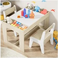 TLGREEN Kindertisch mit 2 Stühlen, Kindersitzgruppe (Kinder Tisch Stuhl Set mit wendbarer Tischplatte, 80 x 48 x 48 cm), Kinderschreibtisch für Schule, Kindertagesstätte, Kinderzimmer