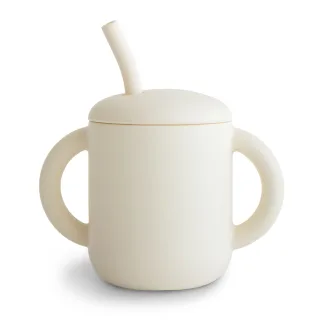 Mushie Silikonbecher mit Trinkhalm, Ivory